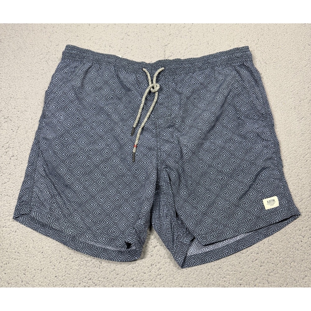 Katin Swim Shorts Mens Large Blue Geometric Trunks Lined Drawstring Pockets